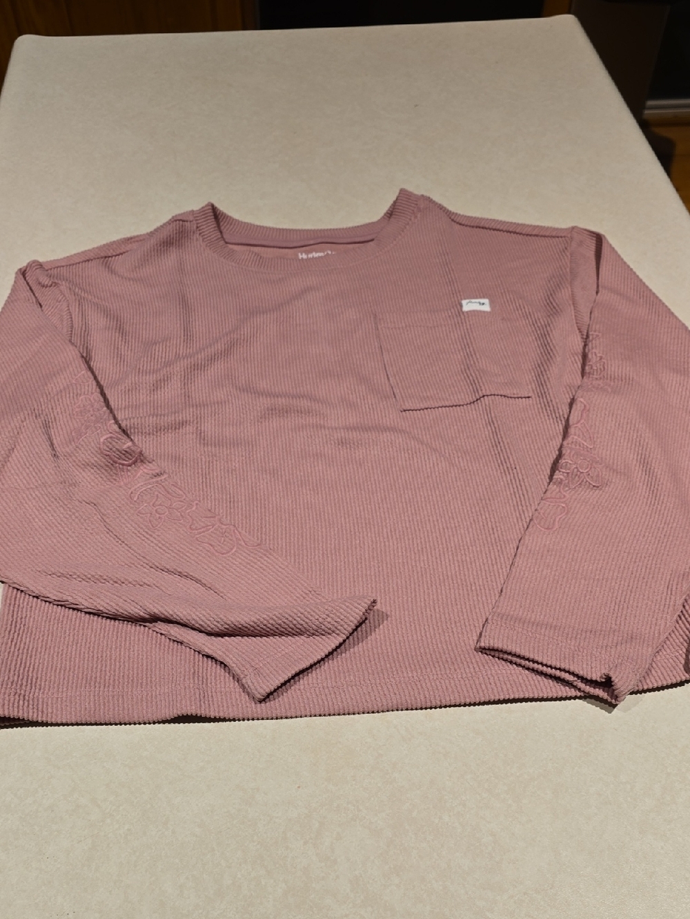 Hurley Girls Pink Waffle Knit Long Sleeve Top with Embroidered Tropical Flowers